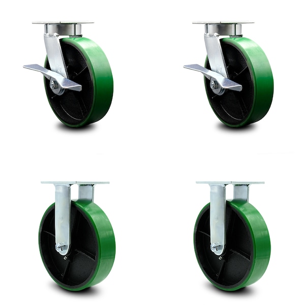 8 Inch Kingpinless Green Poly on Steel Wheel Caster Brakes 2 Rigid SCC, 2PK